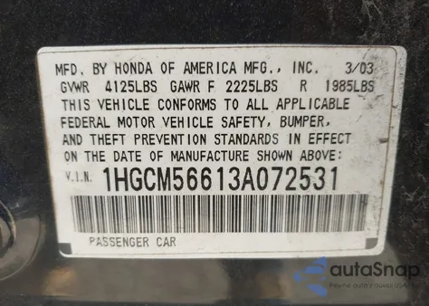 2003 Honda Accord 2.4 Ex from USA, damaged, VIN 1HGCM56613A072531